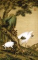 Lang brillando dos grullas bajo un pino tinta china antigua Giuseppe Castiglione